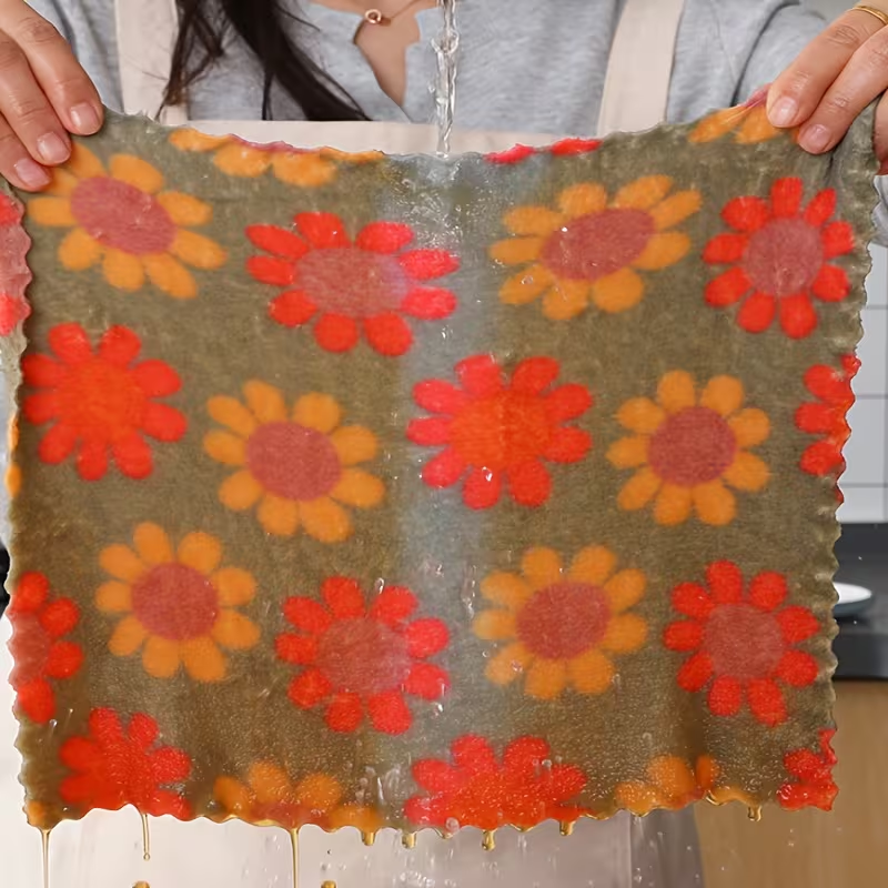 4-Piece Floral Coral Dishcloth Set - Super Absorbent Kitchen Cleaning Towels