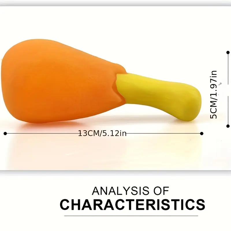 A squeaky chicken leg dog toy - made of durable, non-toxic rubber.