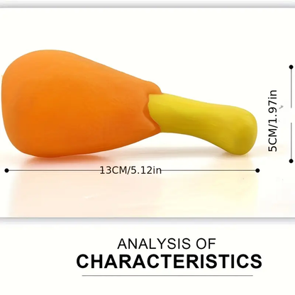 A squeaky chicken leg dog toy - made of durable, non-toxic rubber.