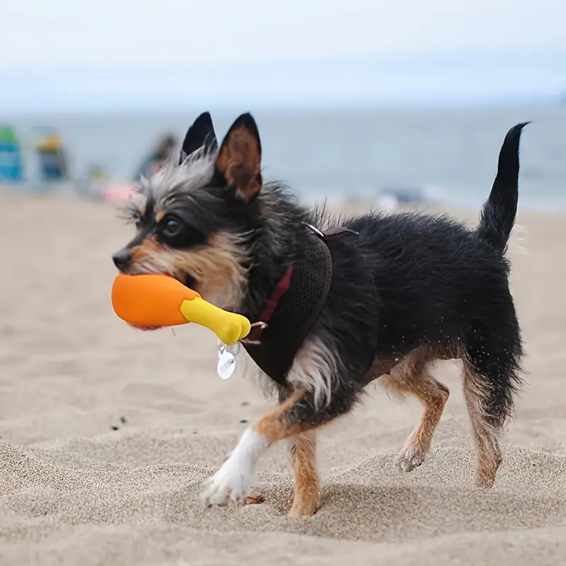 A squeaky chicken leg dog toy - made of durable, non-toxic rubber.