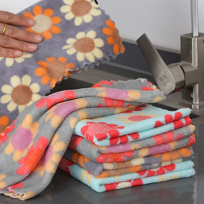 4-Piece Floral Coral Dishcloth Set - Super Absorbent Kitchen Cleaning Towels