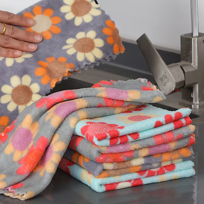 4-Piece Floral Coral Dishcloth Set - Super Absorbent Kitchen Cleaning Towels