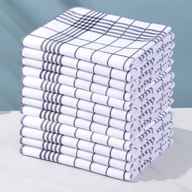 A set of 6 checkered kitchen towels, available in 4 colors, highly absorbent and lint-free.