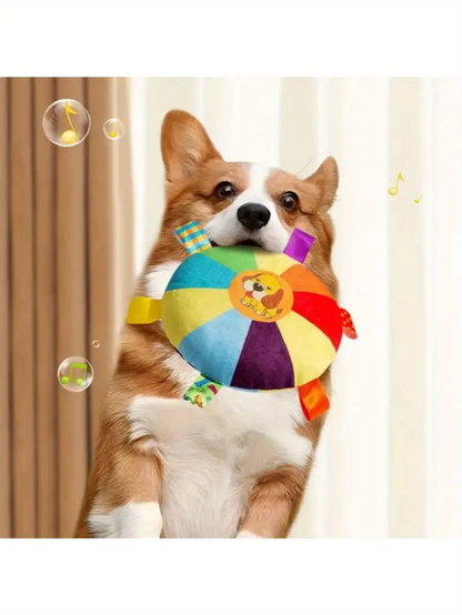 A plush, squeaky dog toy - cartoon design, no batteries required, interactive squeaky toy.