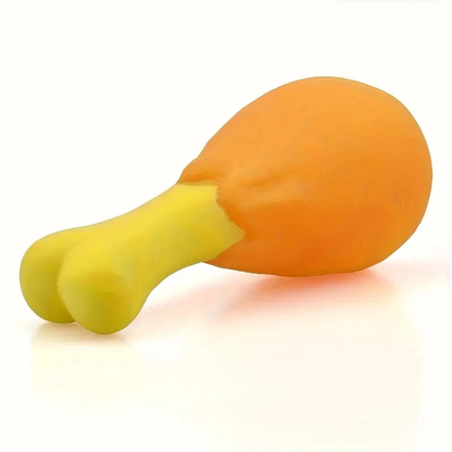 A squeaky chicken leg dog toy - made of durable, non-toxic rubber.