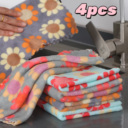 4-Piece Floral Coral Dishcloth Set - Super Absorbent Kitchen Cleaning Towels