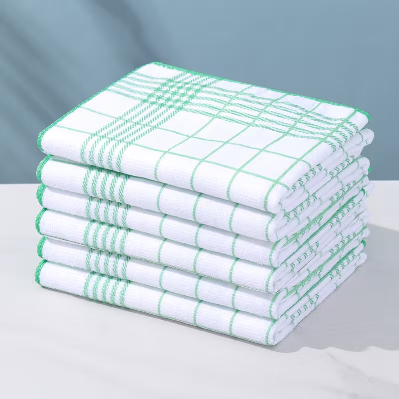 A set of 6 checkered kitchen towels, available in 4 colors, highly absorbent and lint-free.